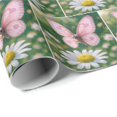 Roze Vlinder en Witte Madelief Cadeaupapier (Rol Hoek)