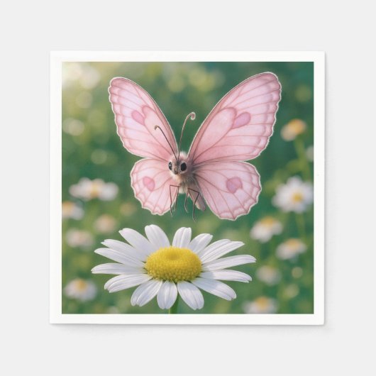 Roze Vlinder en Witte Madelief Servet (Voorkant)
