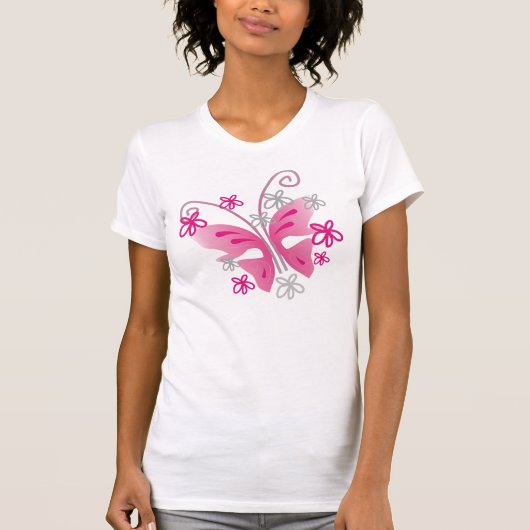  roze vlinder en zilverbloemen t-shirt (Voorkant)