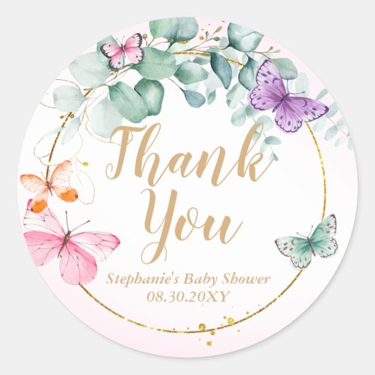 Roze vlinder Eucalyptus Baby shower Favor Ronde Sticker (Voorkant)