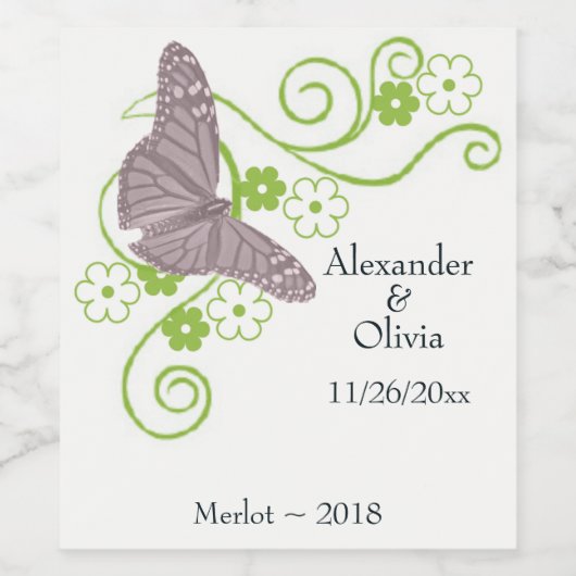 Roze vlinder Floral Weddenschap Wijn Etiket (Enkel label)