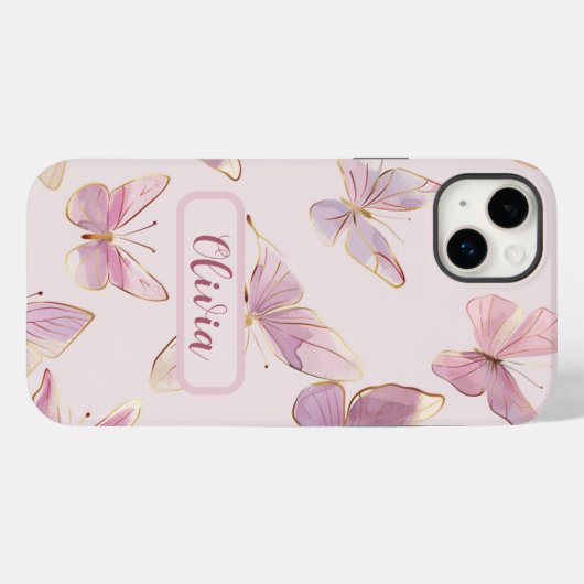 Roze Vlinder Gepersonaliseerde iPhone Case (Achterkant (horizontaal))