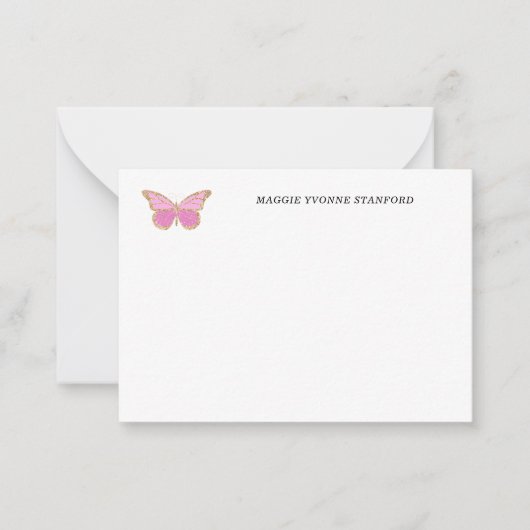 Roze vlinder gepersonaliseerde notitiekaarten notitiekaartje (Voorkant)