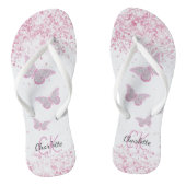 Roze vlinder glitter witte naam monogram teenslippers (Voetbed)