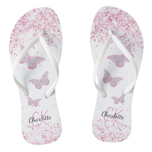 Roze vlinder glitter witte naam monogram teenslippers (Voetbed)