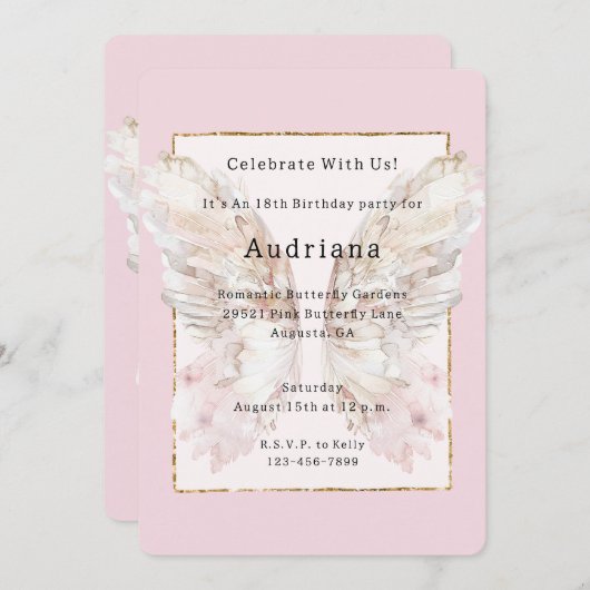  Roze Vlinder Goud Glitzy Lijst Verjaardag Kaart (Voorkant / Achterkant)