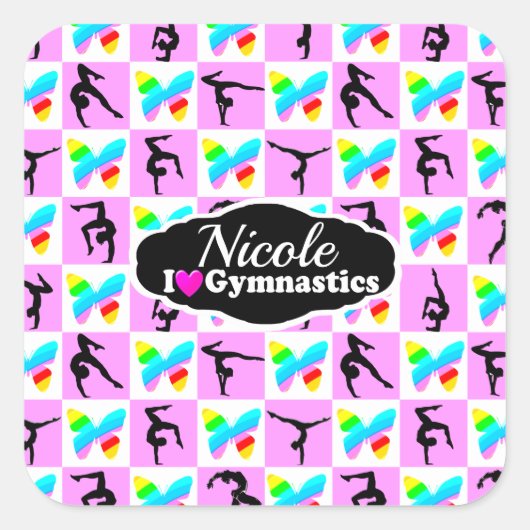 ROZE VLINDER GYMNASTIEK ONTWERP VIERKANTE STICKER (Voorkant)