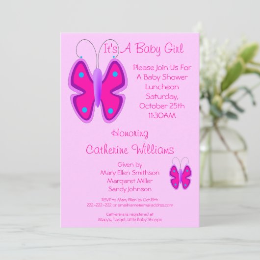  roze vlinder Het is een babymeisjesdouche Kaart (Staand voorkant)