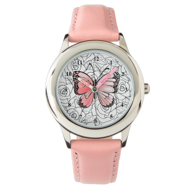 Roze Vlinder Horloge met Rozen (Voorkant)