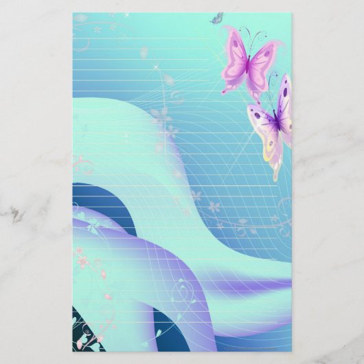 Roze vlinder in golven van blauw Briefpapier (Voorkant)