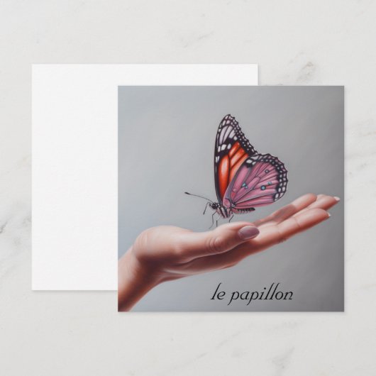 Roze vlinder in hand aanpasbaar feestdagenkaart (Voorkant / Achterkant)
