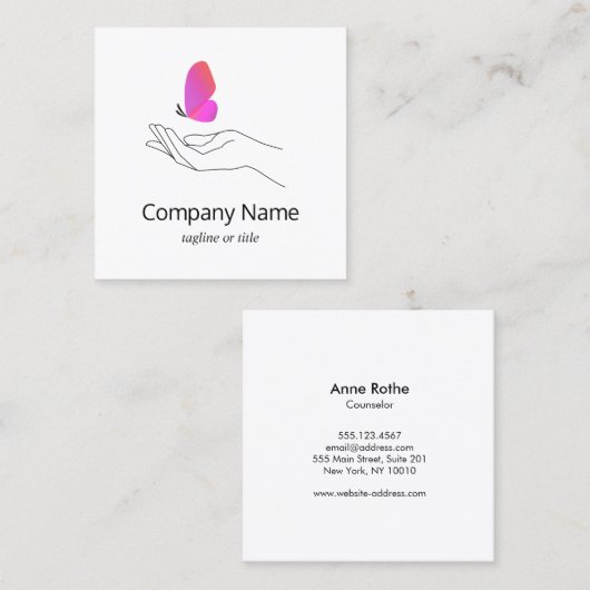 Roze Vlinder in Hand Vierkante Visitekaartje (Voorkant / Achterkant)