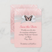 Roze Vlinder Kant Lint Damask Bewaar de datum Save The Date (Voorkant / Achterkant)