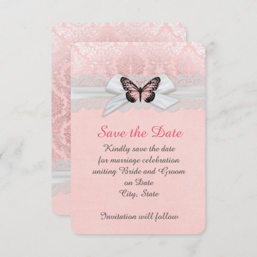 Roze Vlinder Kant Lint Damask Bewaar de datum Save The Date (Voorkant / Achterkant)