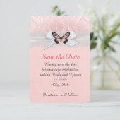Roze Vlinder Kant Lint Damask Bewaar de datum Save The Date (Staand voorkant)