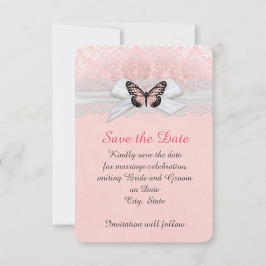 Roze Vlinder Kant Lint Damask Bewaar de datum Save The Date (Voorkant)