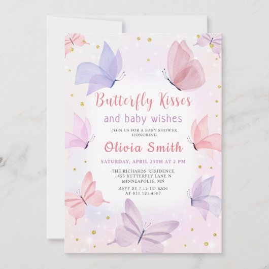 Roze Vlinder Kisses Meisje Baby shower Invitation Kaart (Voorkant)