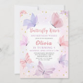 Roze Vlinder Kisses Meisjes Verjaardagsfeestje Kaart (Voorkant)