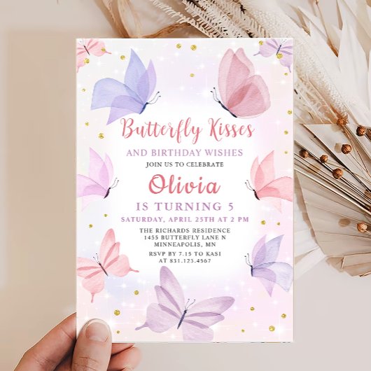 Roze Vlinder Kisses Meisjes Verjaardagsfeestje Kaart