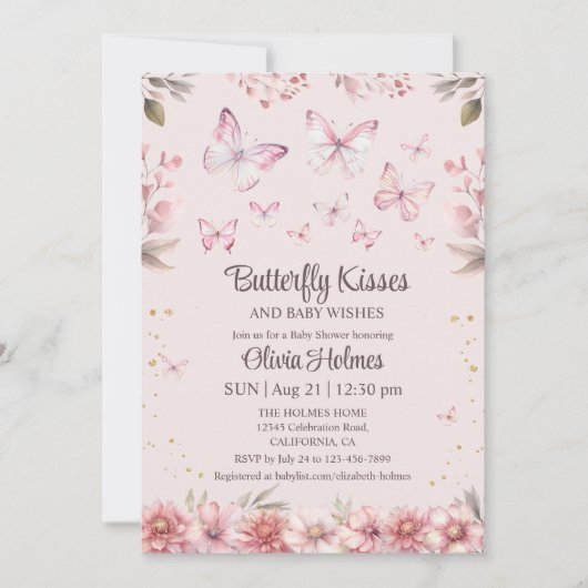 Roze vlinder kussen baby meisje douche uitnodiging (Voorkant)