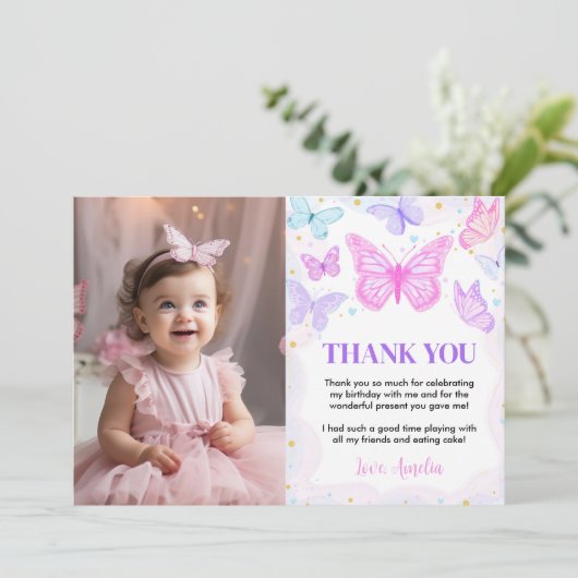 Roze vlinder kussen verjaardag foto dank u bedankkaart (Staand voorkant)