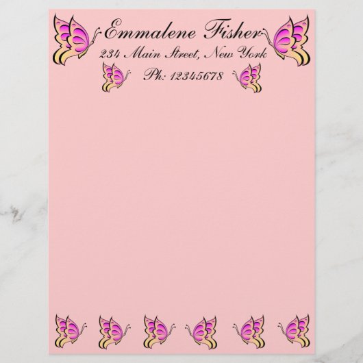  roze vlinder letterhead persoonlijk briefhoofd (Voorkant)