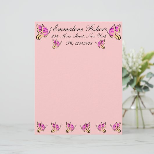  roze vlinder letterhead persoonlijk briefhoofd (Staand voorkant)