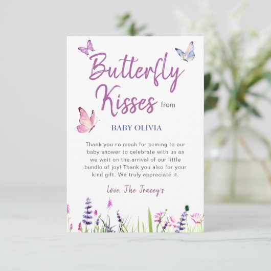 Roze Vlinder Leuk Paarse Meisje Baby shower Bedankkaart (Staand voorkant)
