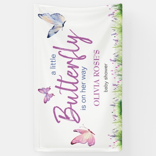Roze Vlinder Leuk Paarse Meisje Baby shower Spandoek (Verticaal)
