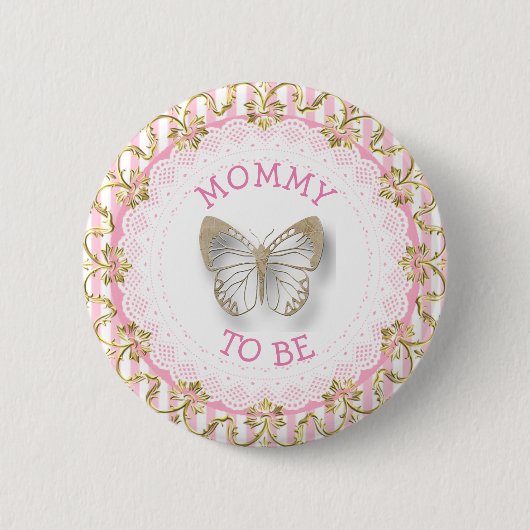 Roze vlinder mammie met baby shower knop ronde button 5,7 cm (Voorkant)