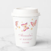Roze Vlinder Meisje 1e Verjaardagsfeestje Papieren Bekers (Achterkant)