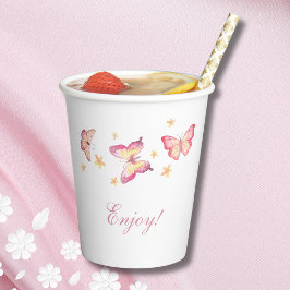 Roze Vlinder Meisje 1e Verjaardagsfeestje Papieren Bekers