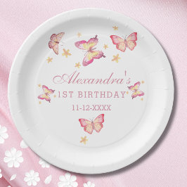 Roze Vlinder Meisje 1e Verjaardagsfeestje Papieren Bordje