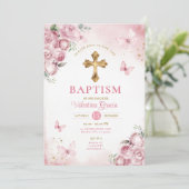 Roze Vlinder Meisje Doop Gouden Kruis Bloemen Kaart (Staand voorkant)