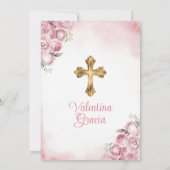 Roze Vlinder Meisje Doop Gouden Kruis Bloemen Kaart (Achterkant)