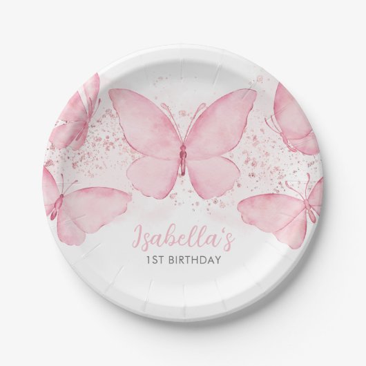 Roze vlinder-meisje, eerste verjaardag Bord papier (Voorkant)