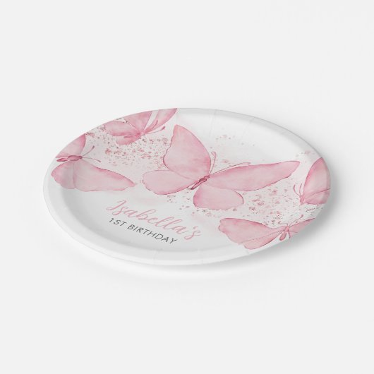 Roze vlinder-meisje, eerste verjaardag Bord papier (Gekanteld)