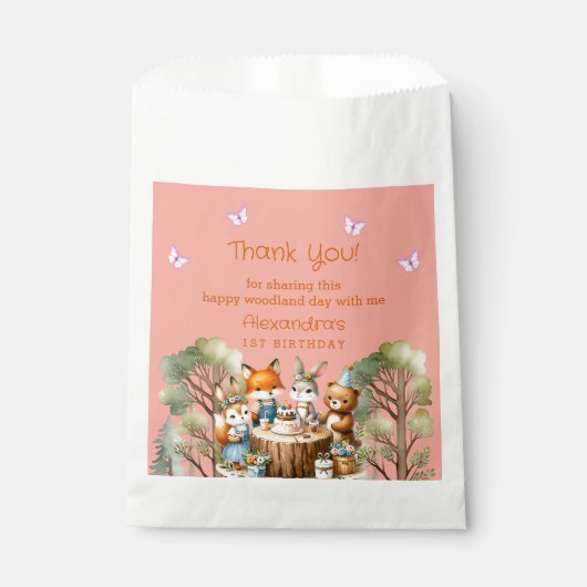 Roze Vlinder Meisje Woodland Dieren 1e verjaardag Bedankzakje (Voorkant)