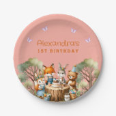 Roze Vlinder Meisje Woodland Dieren 1e verjaardag Papieren Bordje (Voorkant)