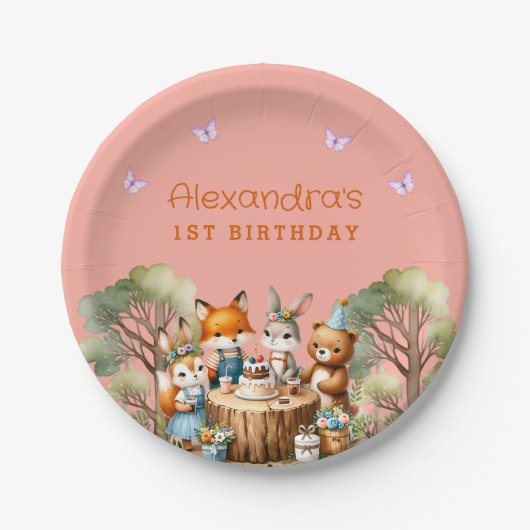 Roze Vlinder Meisje Woodland Dieren 1e verjaardag Papieren Bordje (Voorkant)