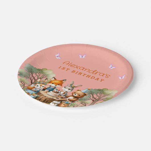 Roze Vlinder Meisje Woodland Dieren 1e verjaardag Papieren Bordje (Gekanteld)