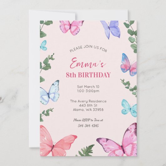 Roze Vlinder Meisjes Verjaardag Party Uitnodiging (Voorkant)
