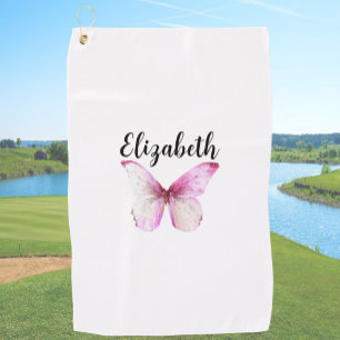 roze vlinder met aangepaste naam dames golfhanddoek