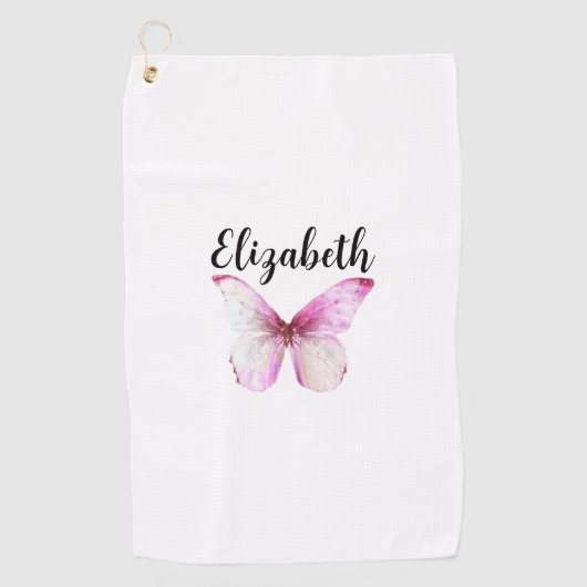  roze vlinder met aangepaste naam dames golfhanddoek (Voorkant)