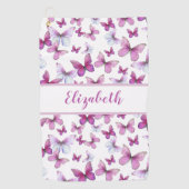  roze vlinder met aangepaste naam dames golfhanddoek (Voorkant)