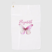 roze vlinder met aangepaste naam dames golfhanddoek (Voorkant)