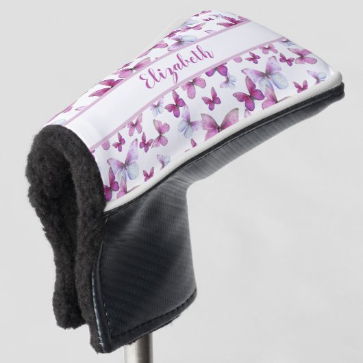 roze vlinder met aangepaste naam dames golfheadcover (3/4 voorkant)