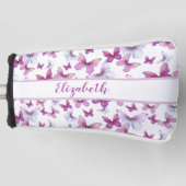  roze vlinder met aangepaste naam dames golfheadcover (Voorkant)
