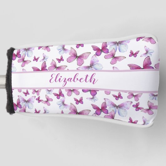roze vlinder met aangepaste naam dames golfheadcover (Voorkant)