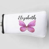 roze vlinder met aangepaste naam dames golfheadcover (Voorkant)